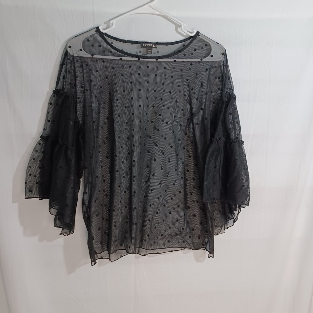 Women's Express Whimsigoth Vintage Sheer Black Polka Dot Flare‎ Sleeve Size Med